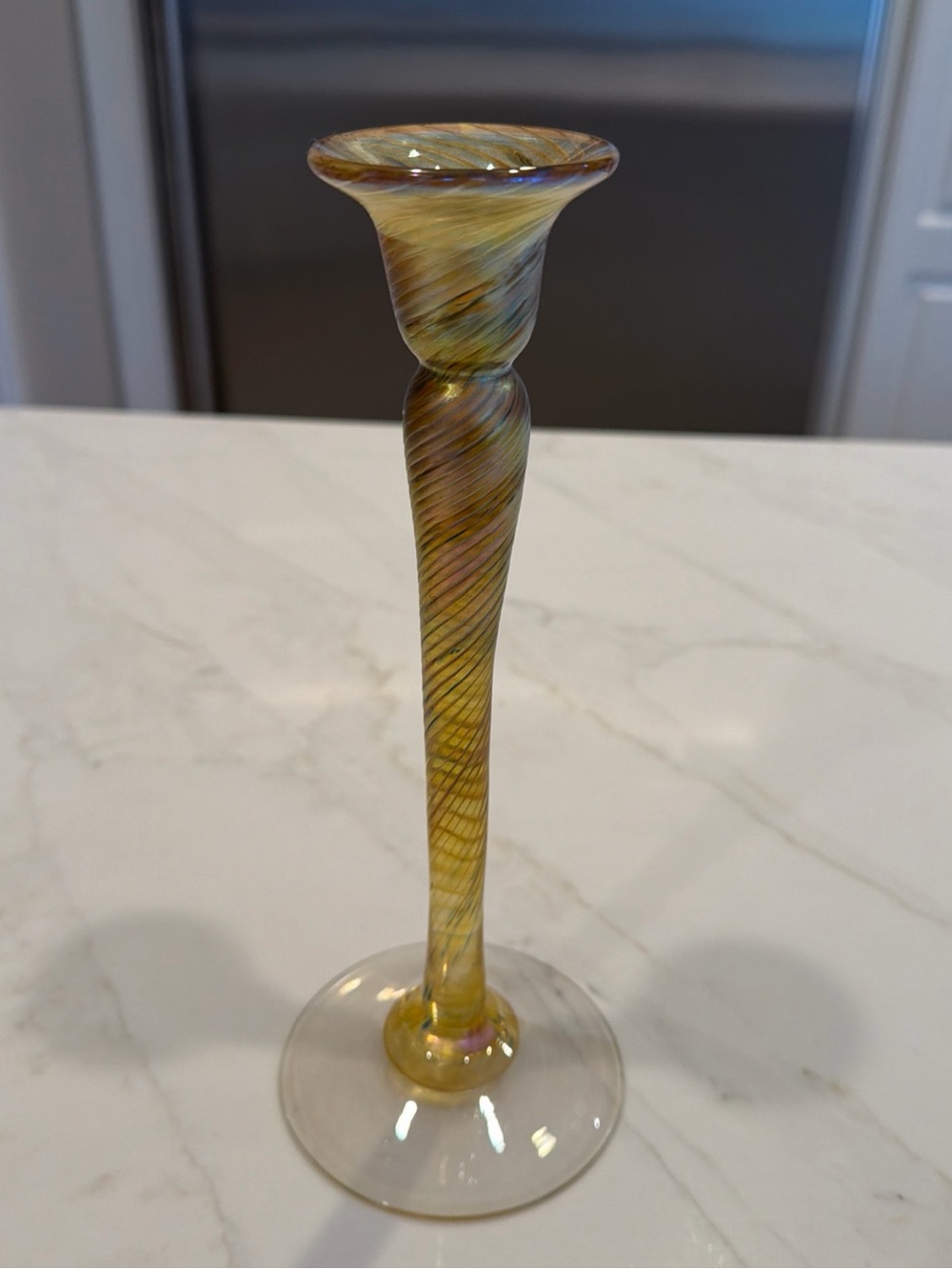 R. Held Art Yellow/Gold Iridescent Swirled Glass Candlestick Holder